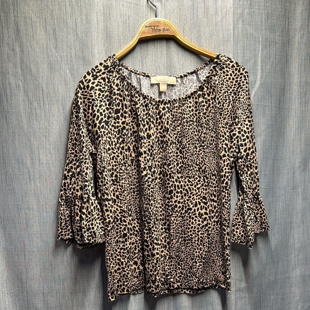 Michael Kors Beige and Black Leopard Print Blouse Size M